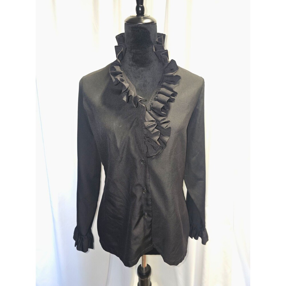 Womens Black Solid Button-Front Ruffle Long Sleeve Blouse Size M Regular